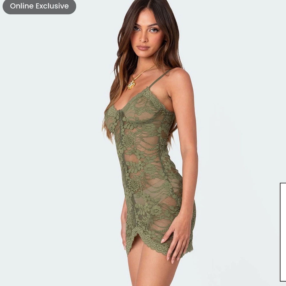 Edikted Green Lace Slip Dress - Picture 2 of 6